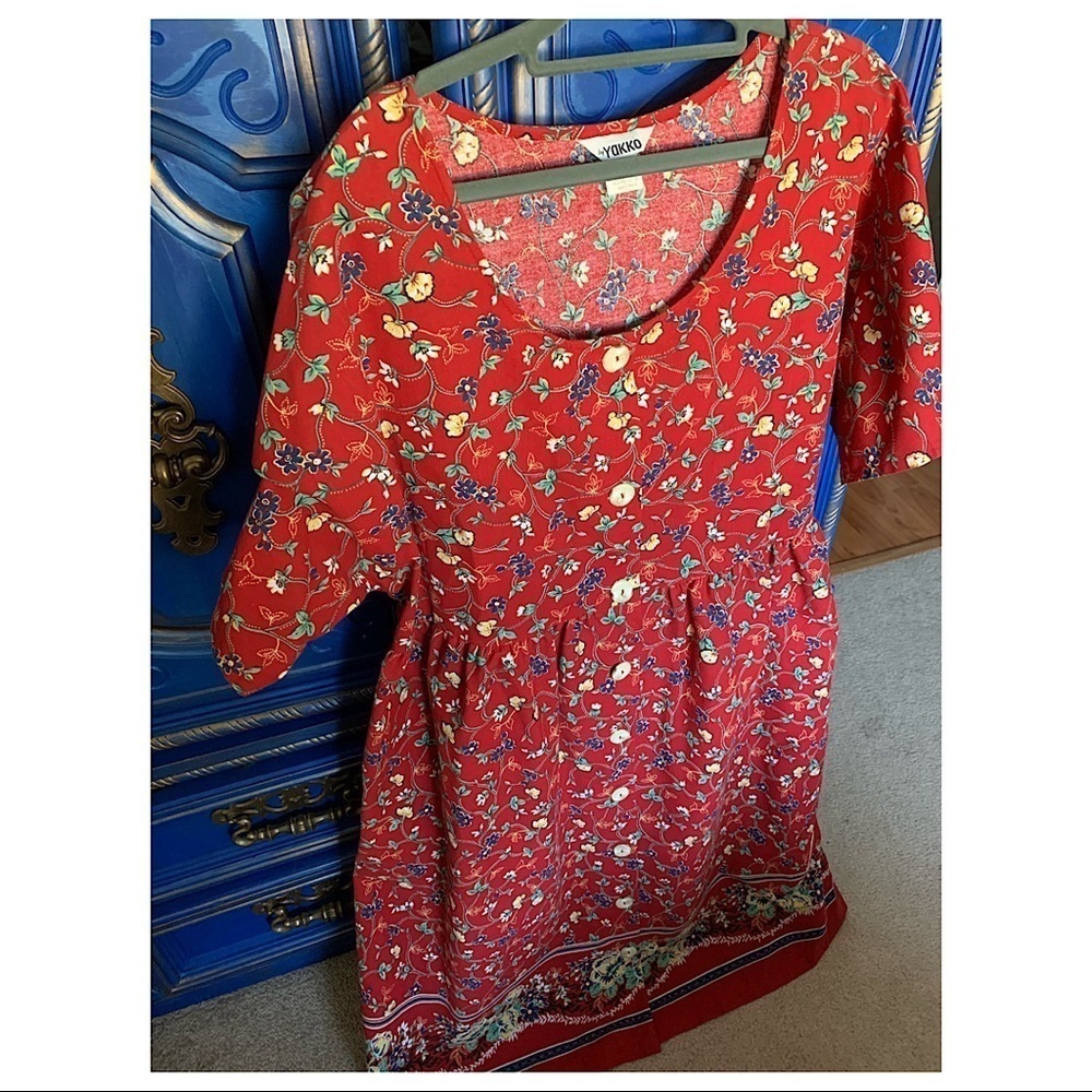 Vintage Yakko Red Floral Maxi Dress Large Y2K 90s